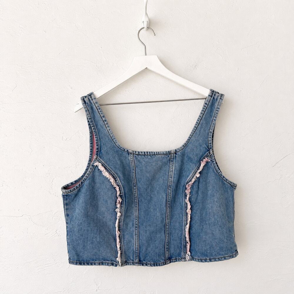 Lee Heritage Denim Corset Crop Tank XXL Pink Frayed Trim Zip Back Y2K Western